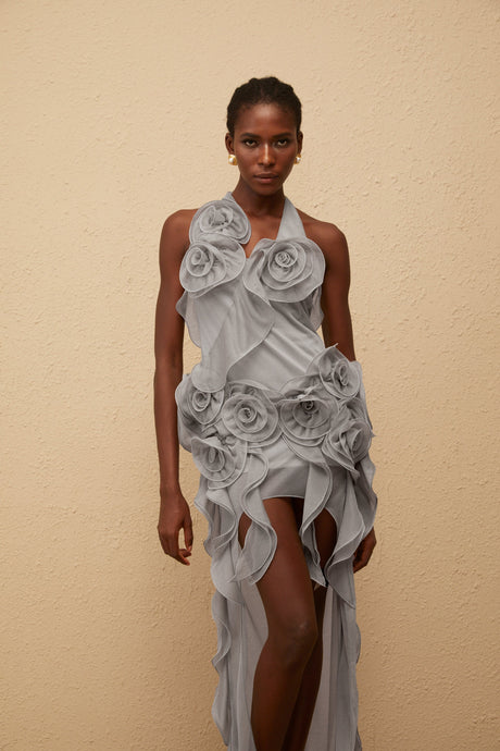 Aurohaya Hannabella Grey Asymmetrical Ruffled Floral Mini Dress