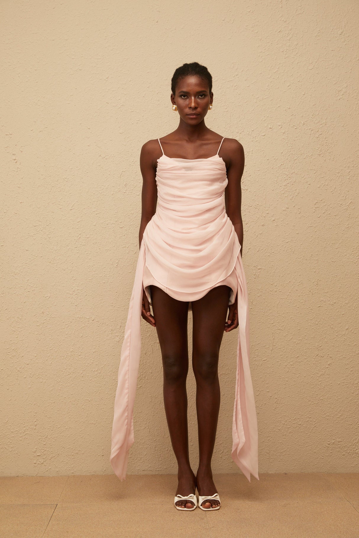 Aurohaya Vénus Pink Ribbon Design Ruched Mini Dress