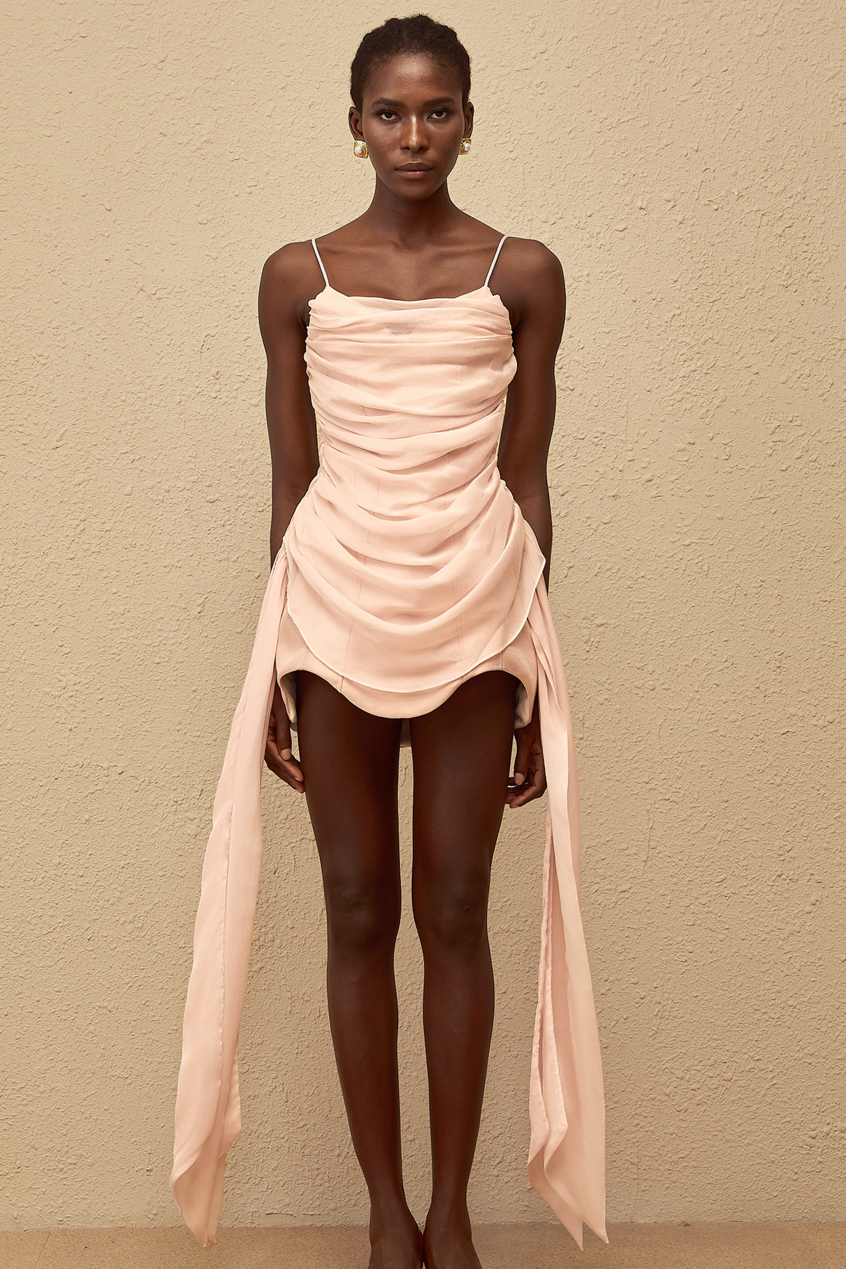 Aurohaya Vénus Pink Ribbon Design Ruched Mini Dress