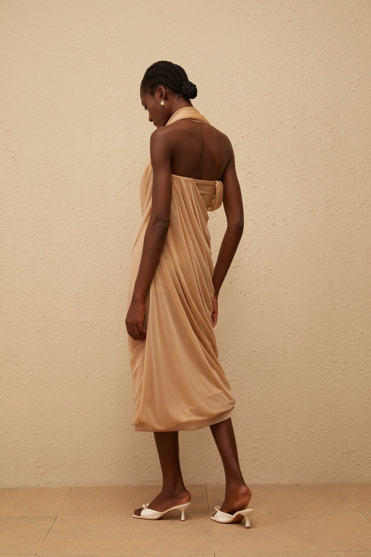Aurohaya Mielikki Khaki Asymmetrical Tulle Panel Midi Dress