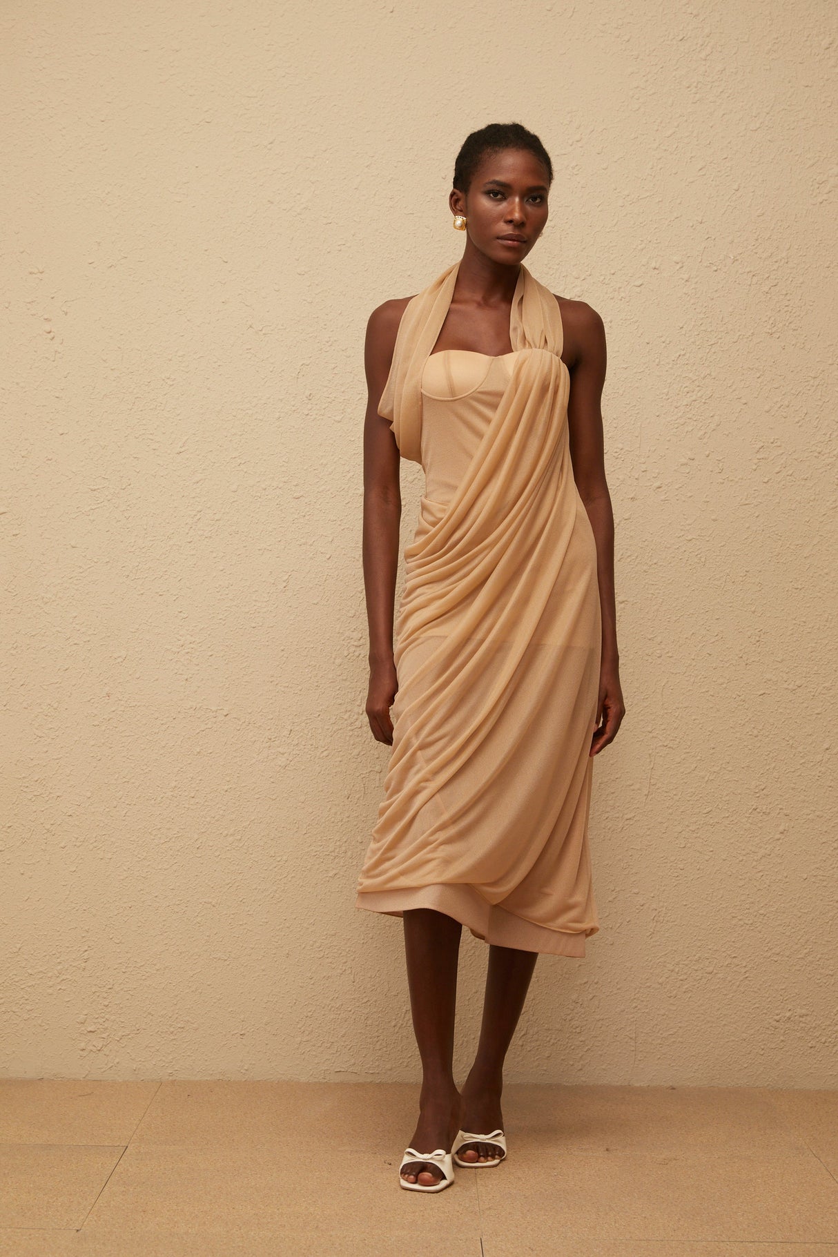 Aurohaya Mielikki Khaki Asymmetrical Tulle Panel Midi Dress