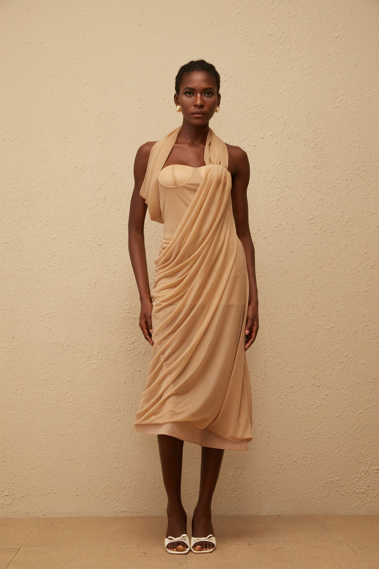 Aurohaya Mielikki Khaki Asymmetrical Tulle Panel Midi Dress