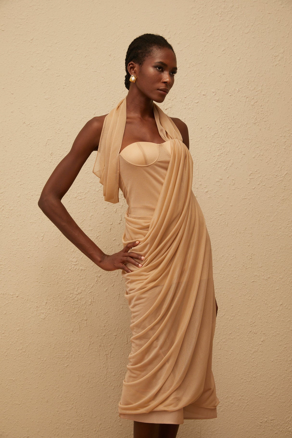 Aurohaya Mielikki Khaki Asymmetrical Tulle Panel Midi Dress