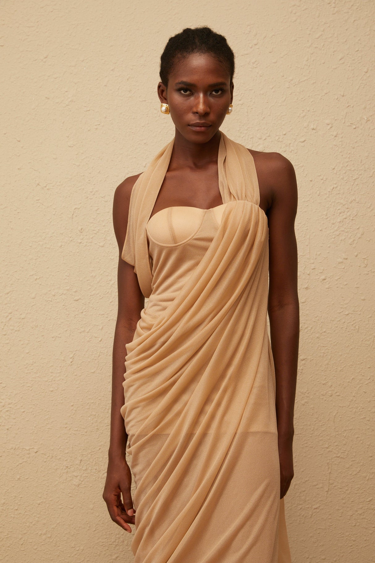 Aurohaya Mielikki Khaki Asymmetrical Tulle Panel Midi Dress