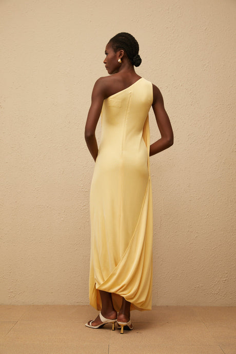 Aurohaya Garance Yellow Draped Asymmetrical Maxi Dress