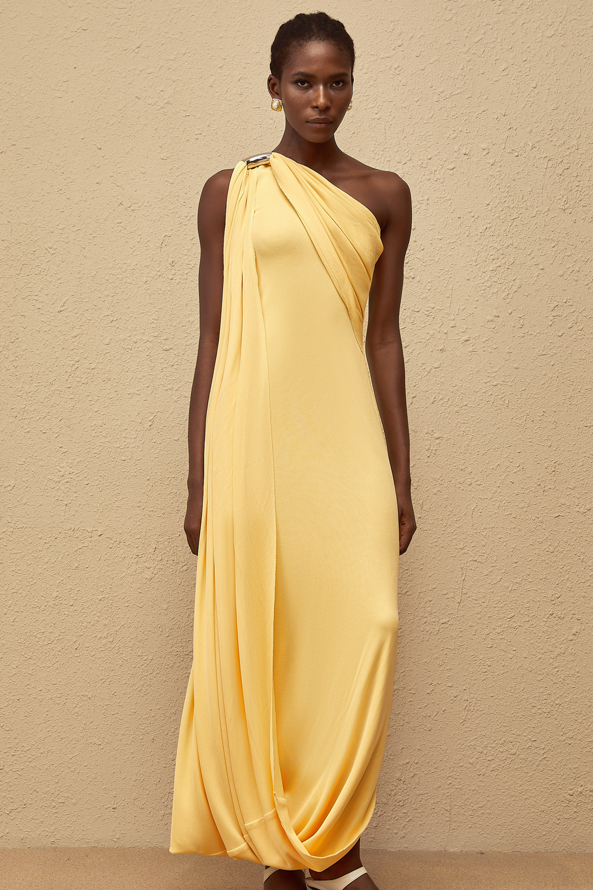 Aurohaya Garance Yellow Draped Asymmetrical Maxi Dress