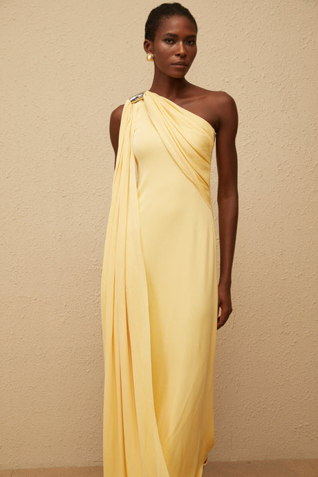 Aurohaya Garance Yellow Draped Asymmetrical Maxi Dress