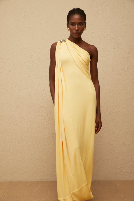 Aurohaya Garance Yellow Draped Asymmetrical Maxi Dress