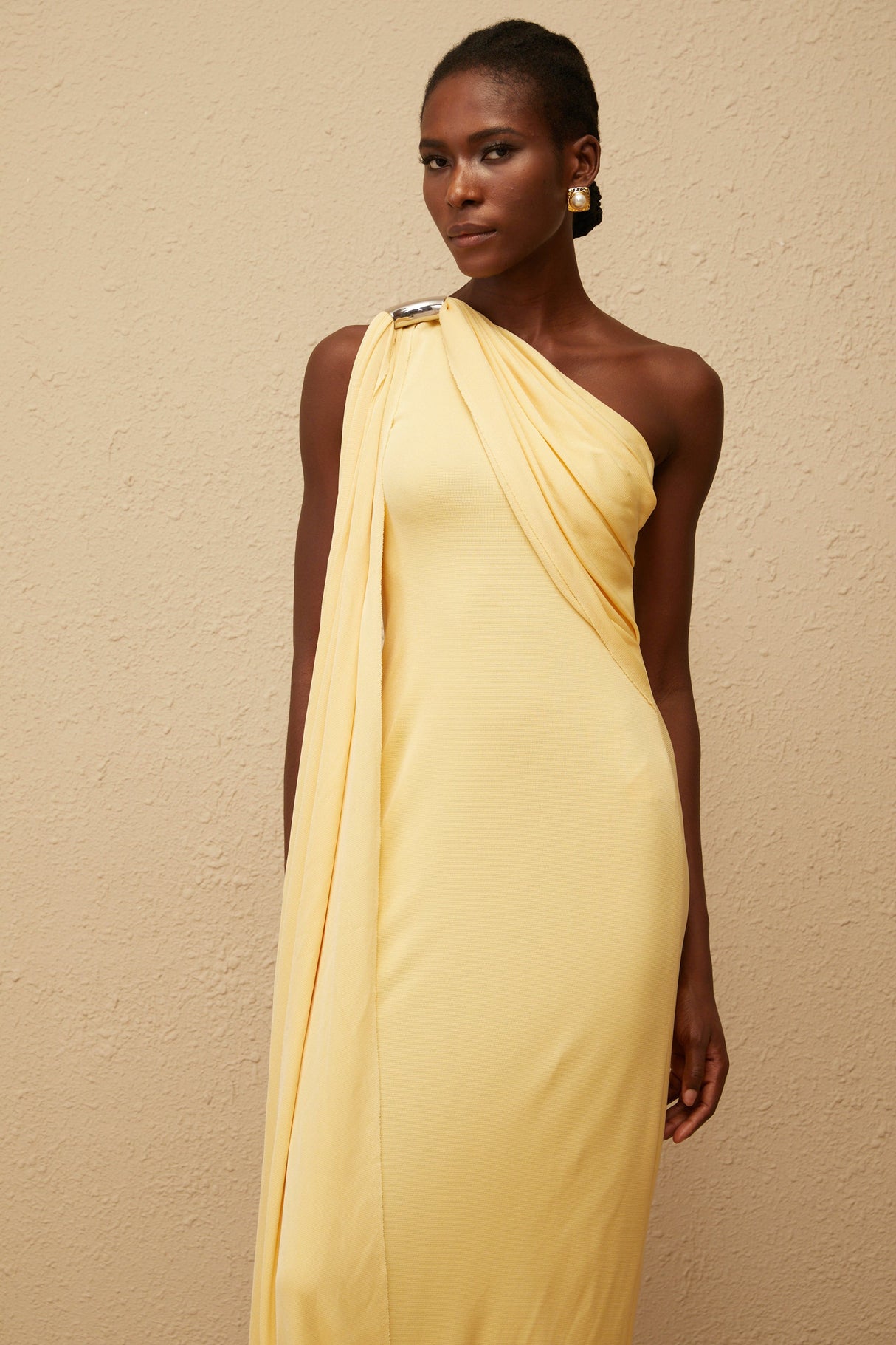 Aurohaya Garance Yellow Draped Asymmetrical Maxi Dress