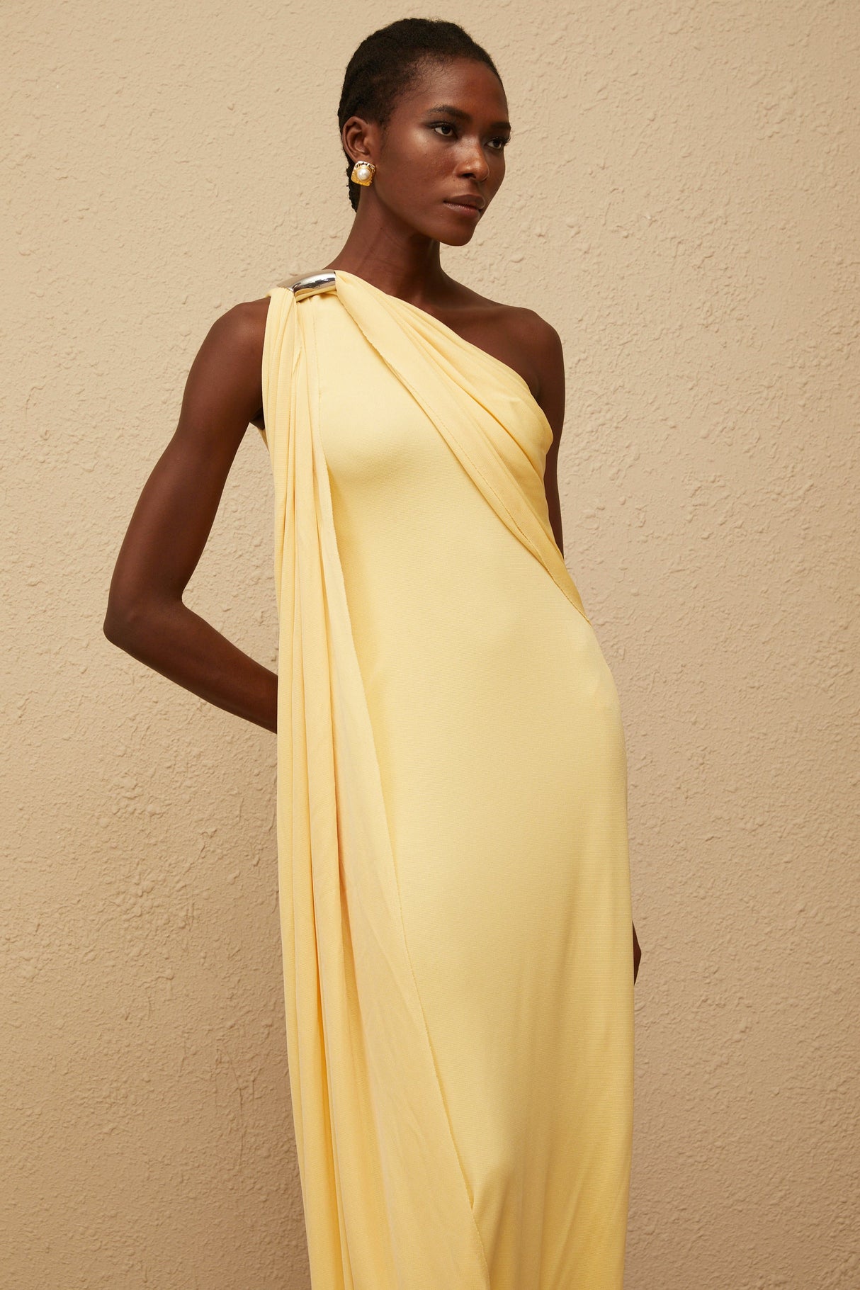 Aurohaya Garance Yellow Draped Asymmetrical Maxi Dress