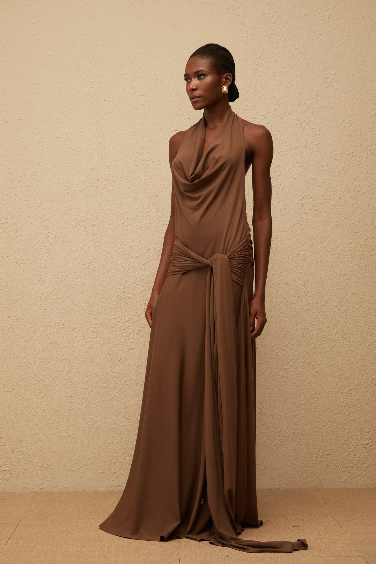 Aurohaya Minna Brown Halterneck Twisted Maxi Dress