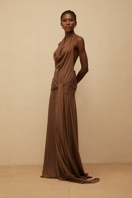 Aurohaya Minna Brown Halterneck Twisted Maxi Dress