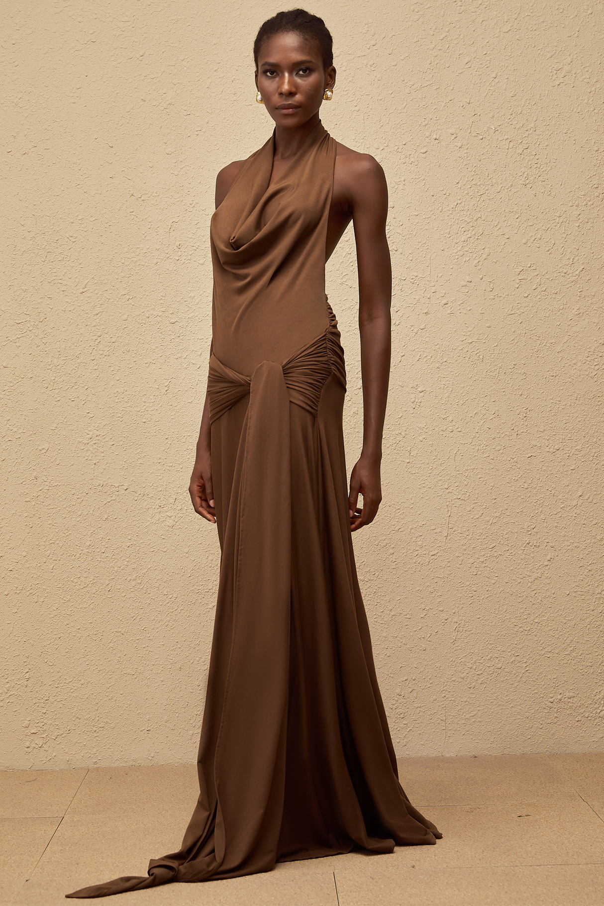 Aurohaya Minna Brown Halterneck Twisted Maxi Dress