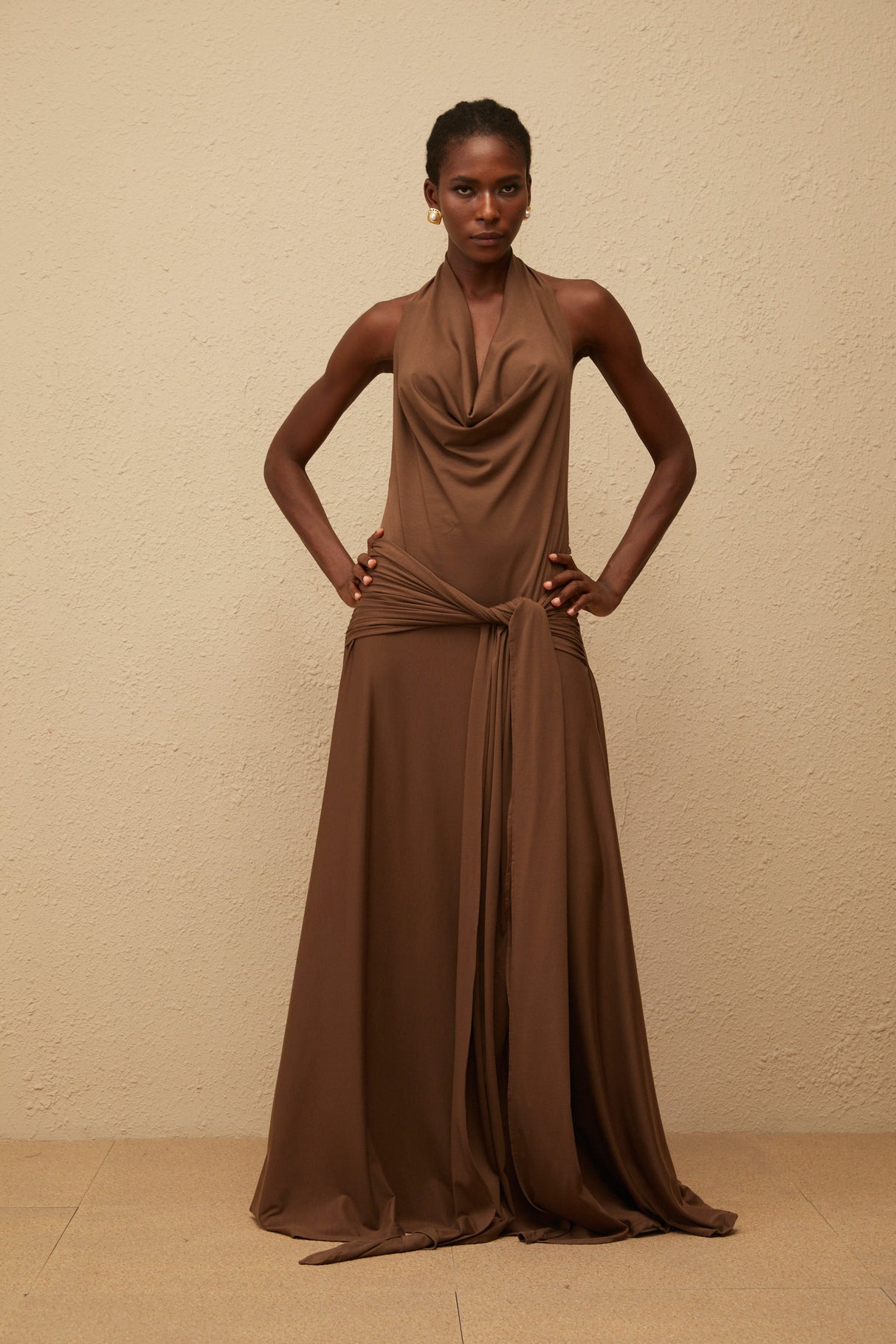 Aurohaya Minna Brown Halterneck Twisted Maxi Dress