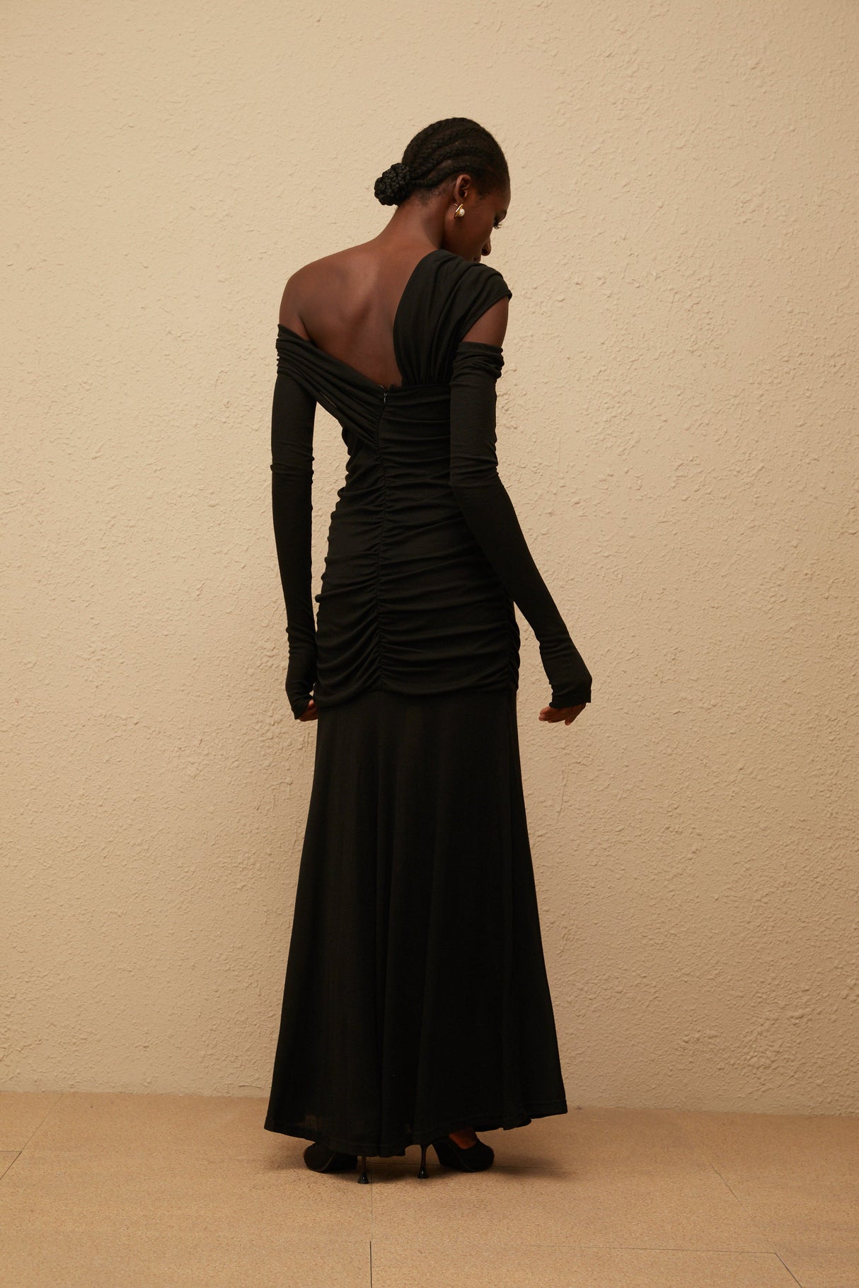 Aurohaya Aava Black Ruched Knit Maxi Dress
