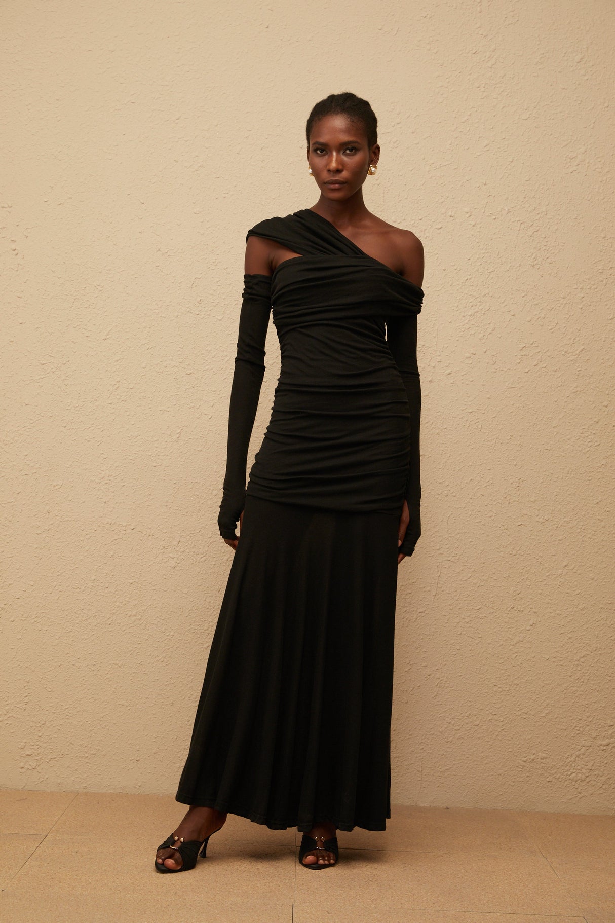 Aurohaya Aava Black Ruched Knit Maxi Dress
