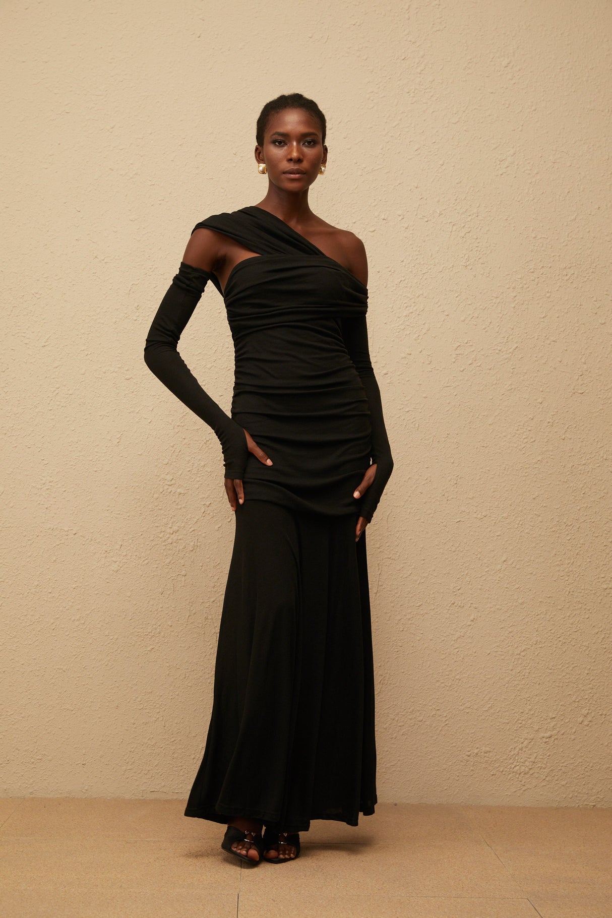 Aurohaya Aava Black Ruched Knit Maxi Dress