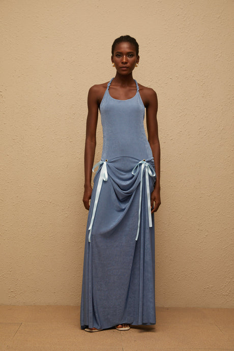 Aurohaya Adèle Blue Bowknot Velvet Maxi Dress