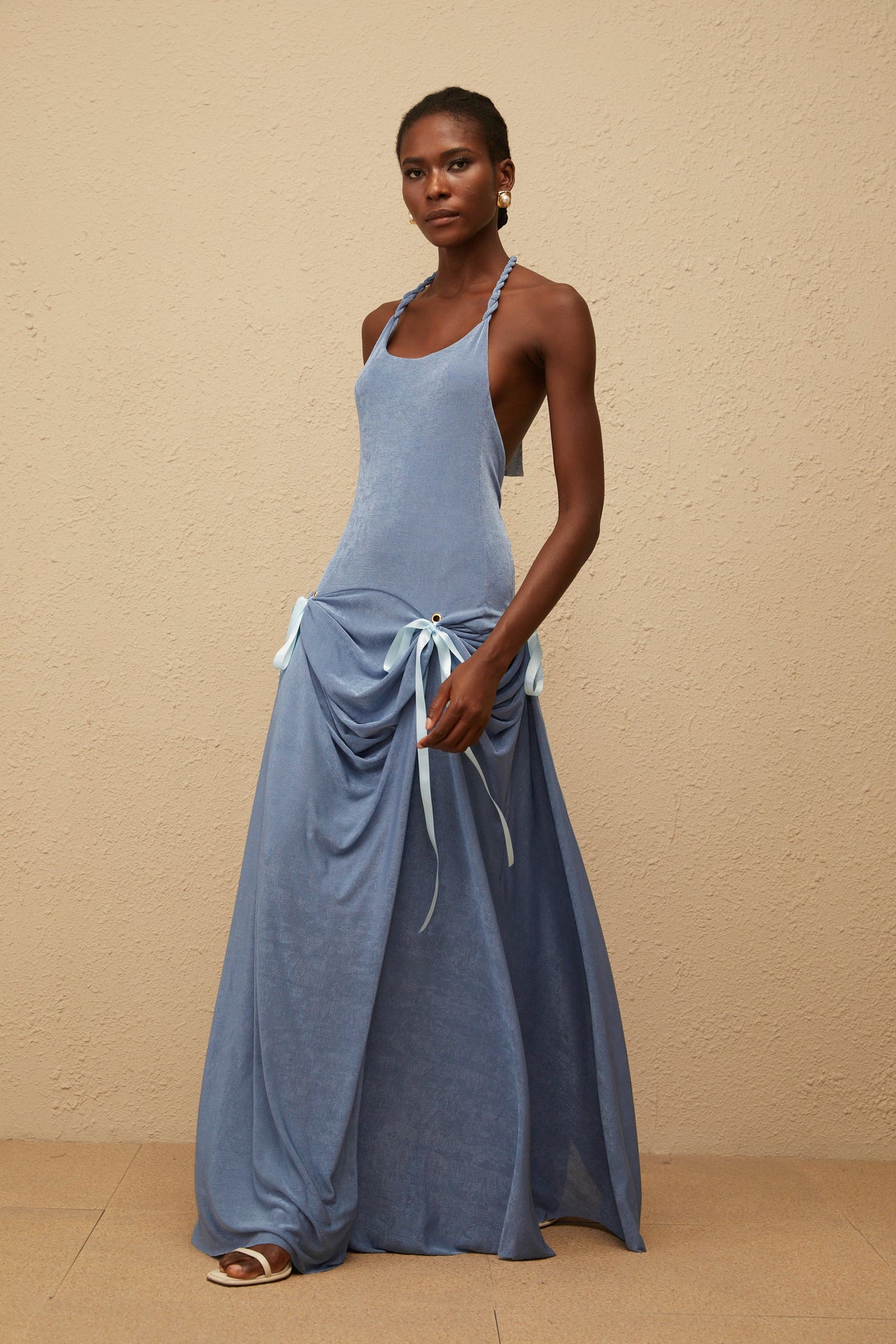Aurohaya Adèle Blue Bowknot Velvet Maxi Dress