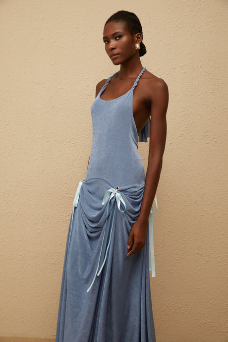 Aurohaya Adèle Blue Bowknot Velvet Maxi Dress