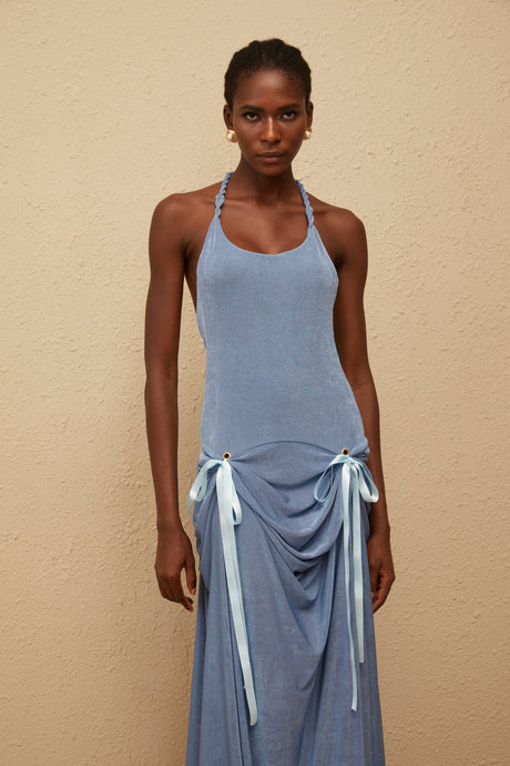 Aurohaya Adèle Blue Bowknot Velvet Maxi Dress