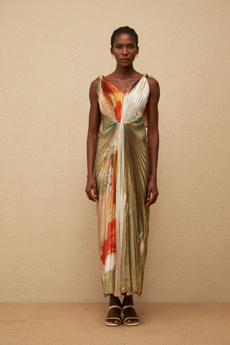 Aurohaya Giulia Green Smudged Graffiti Satin Maxi Dress