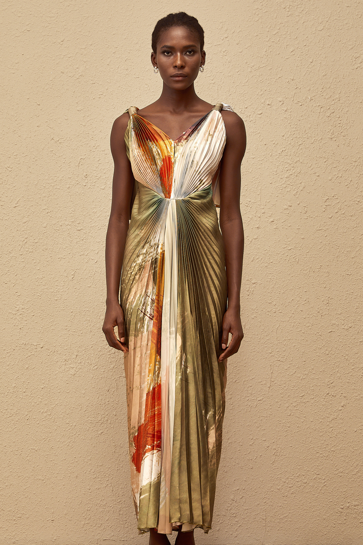 Aurohaya Giulia Green Smudged Graffiti Satin Maxi Dress