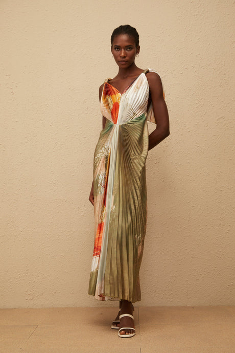 Aurohaya Giulia Green Smudged Graffiti Satin Maxi Dress