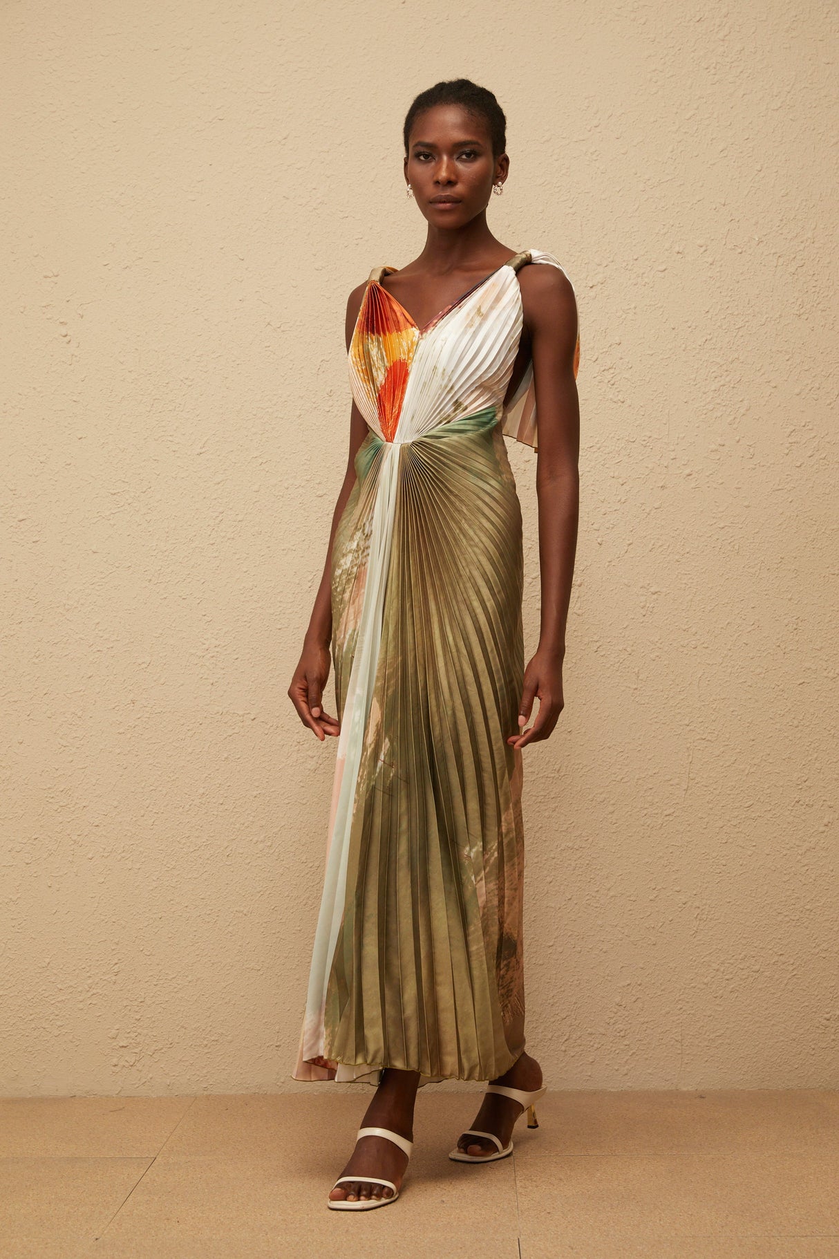 Aurohaya Giulia Green Smudged Graffiti Satin Maxi Dress