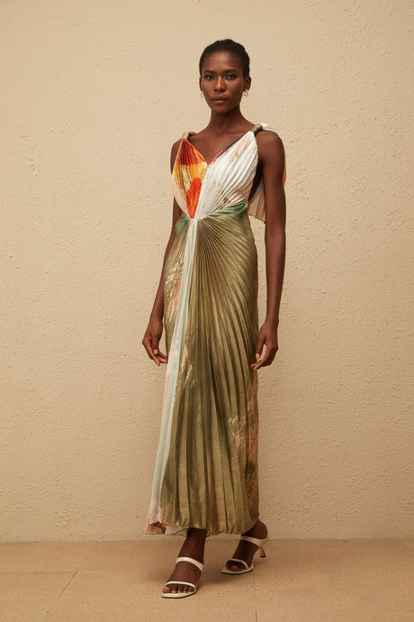 Aurohaya Giulia Green Smudged Graffiti Satin Maxi Dress