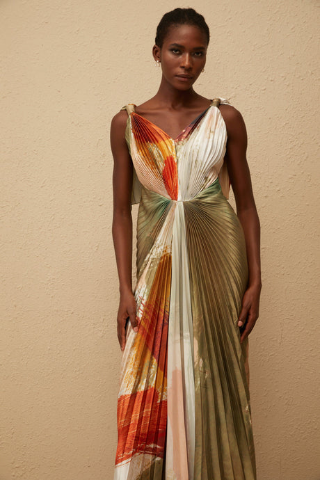 Aurohaya Giulia Green Smudged Graffiti Satin Maxi Dress