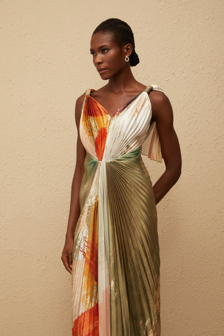 Aurohaya Giulia Green Smudged Graffiti Satin Maxi Dress