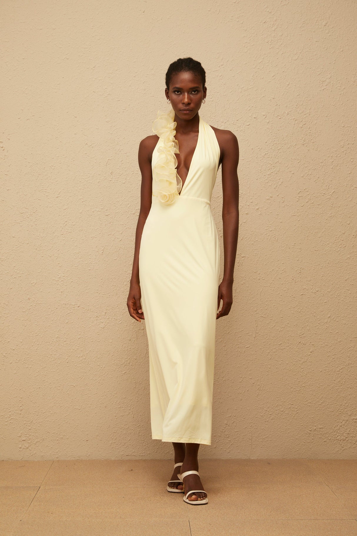 Aurohaya Brume Yellow Halterneck 3D Petal Maxi Dress