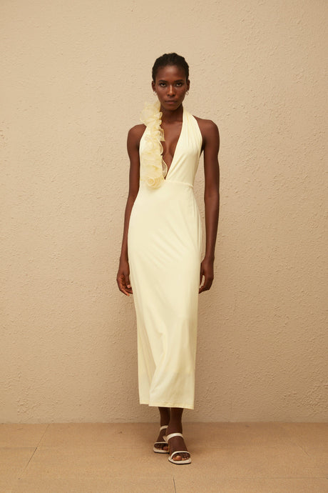 Aurohaya Brume Yellow Halterneck 3D Petal Maxi Dress