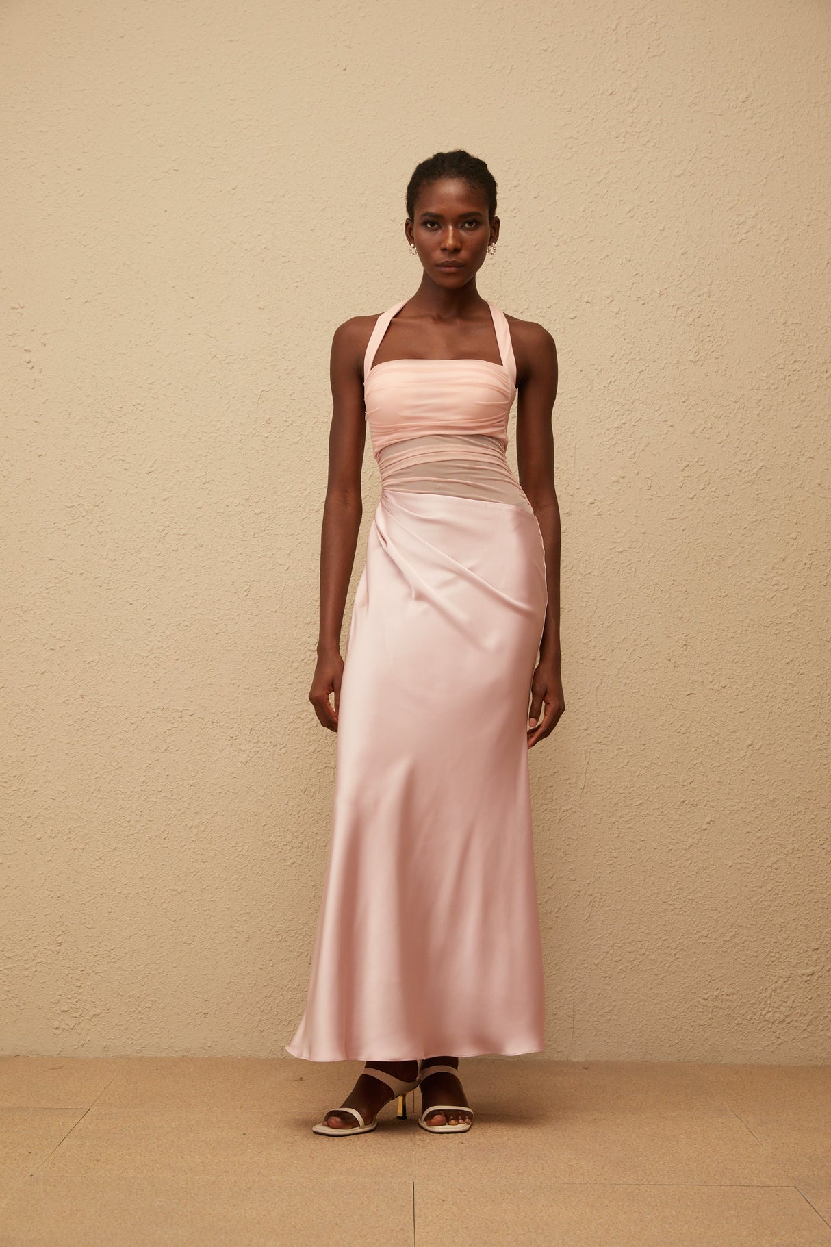 Aurohaya Taina Pink Mesh Panel Ruched Maxi Dress