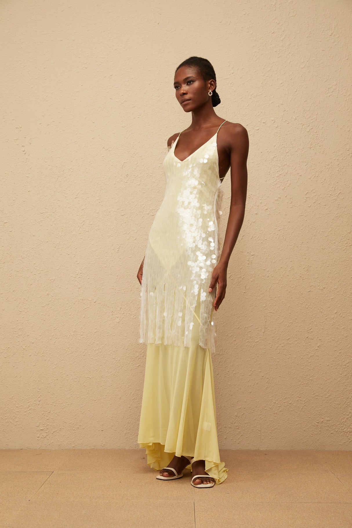 Aurohaya Joyau Yellow Sequin Mesh Maxi Dress