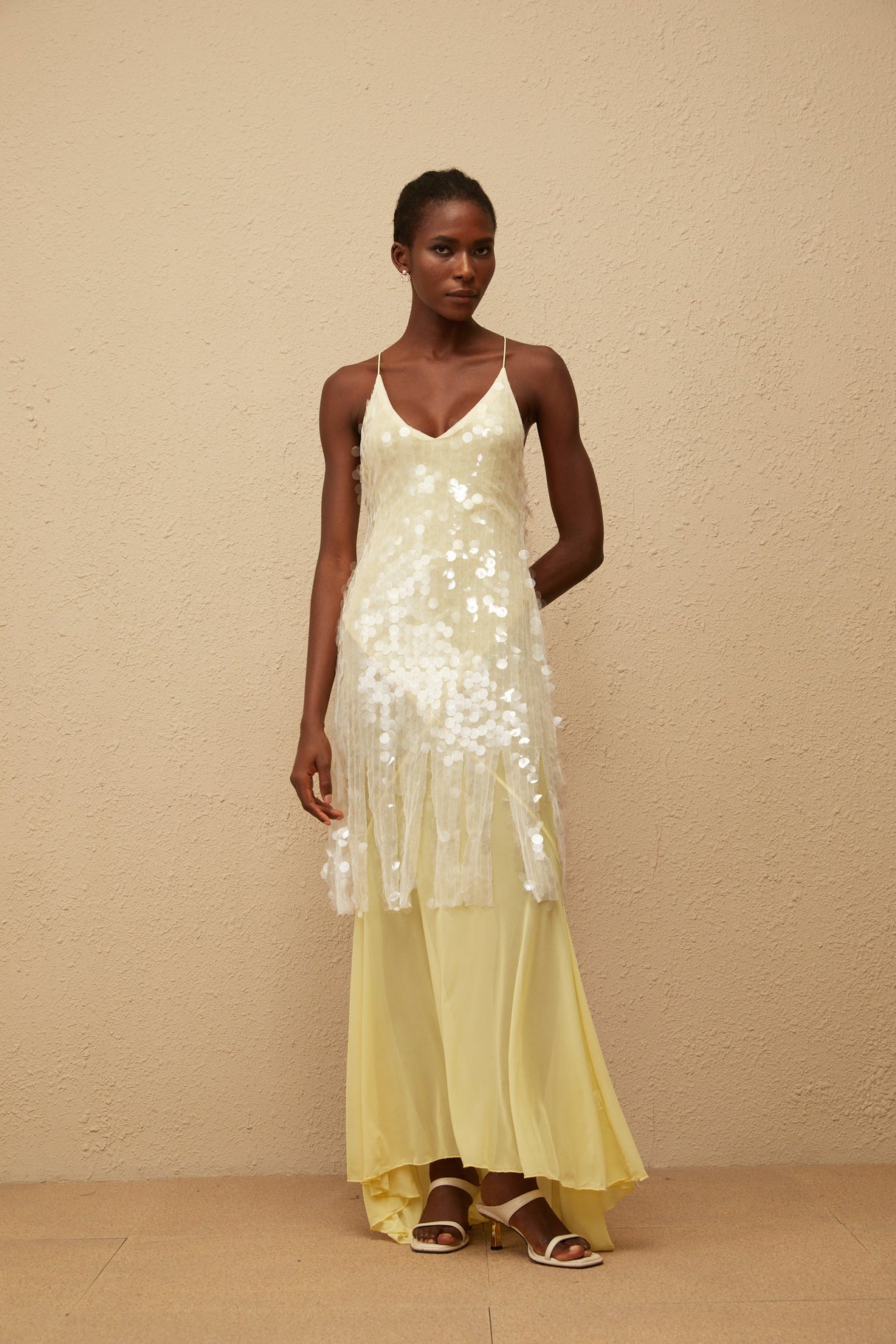 Aurohaya Joyau Yellow Sequin Mesh Maxi Dress