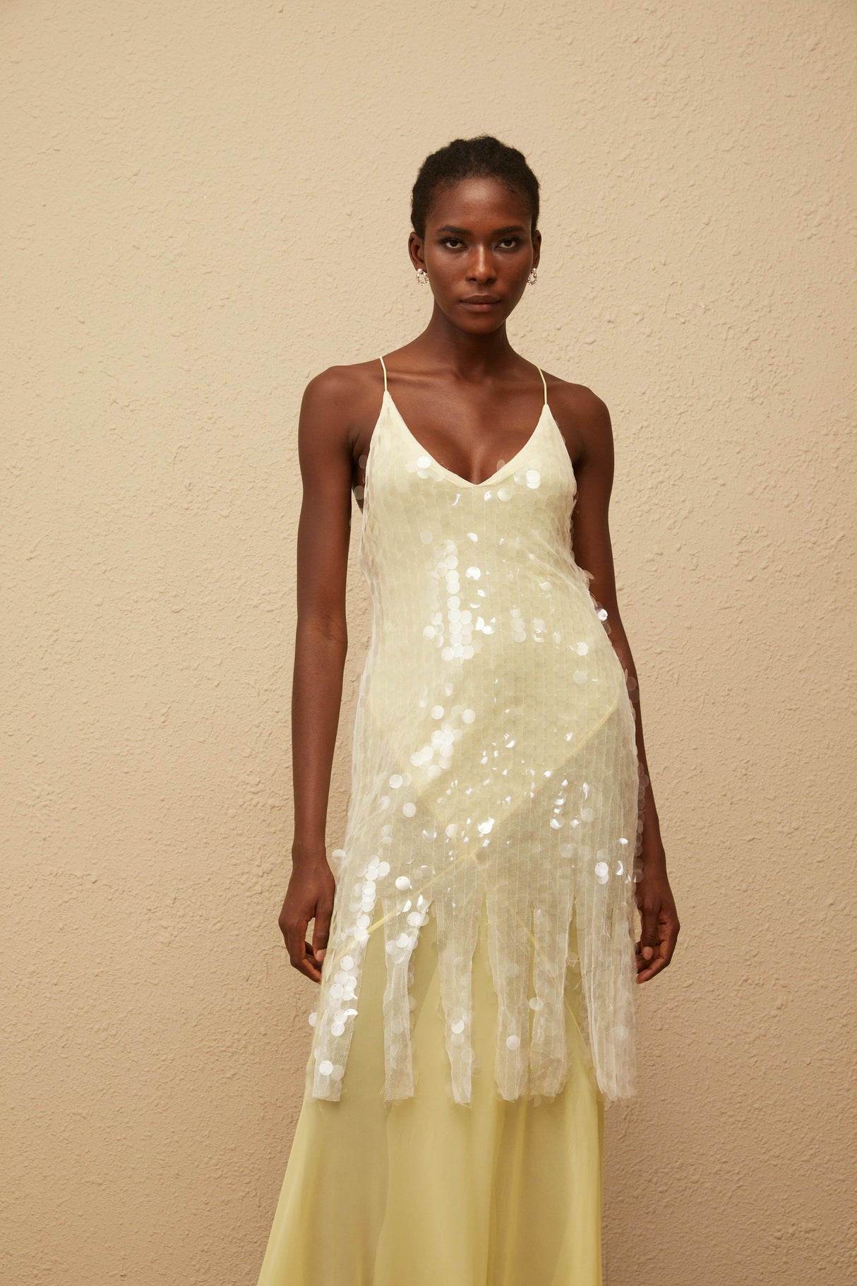 Aurohaya Joyau Yellow Sequin Mesh Maxi Dress