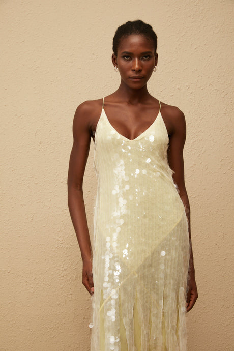 Aurohaya Joyau Yellow Sequin Mesh Maxi Dress