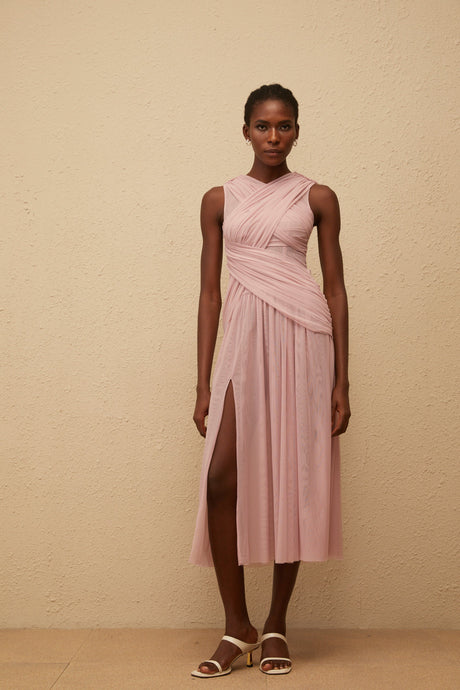 Aurohaya Sérénité Lilac Cross-Over Mesh Midi Dress