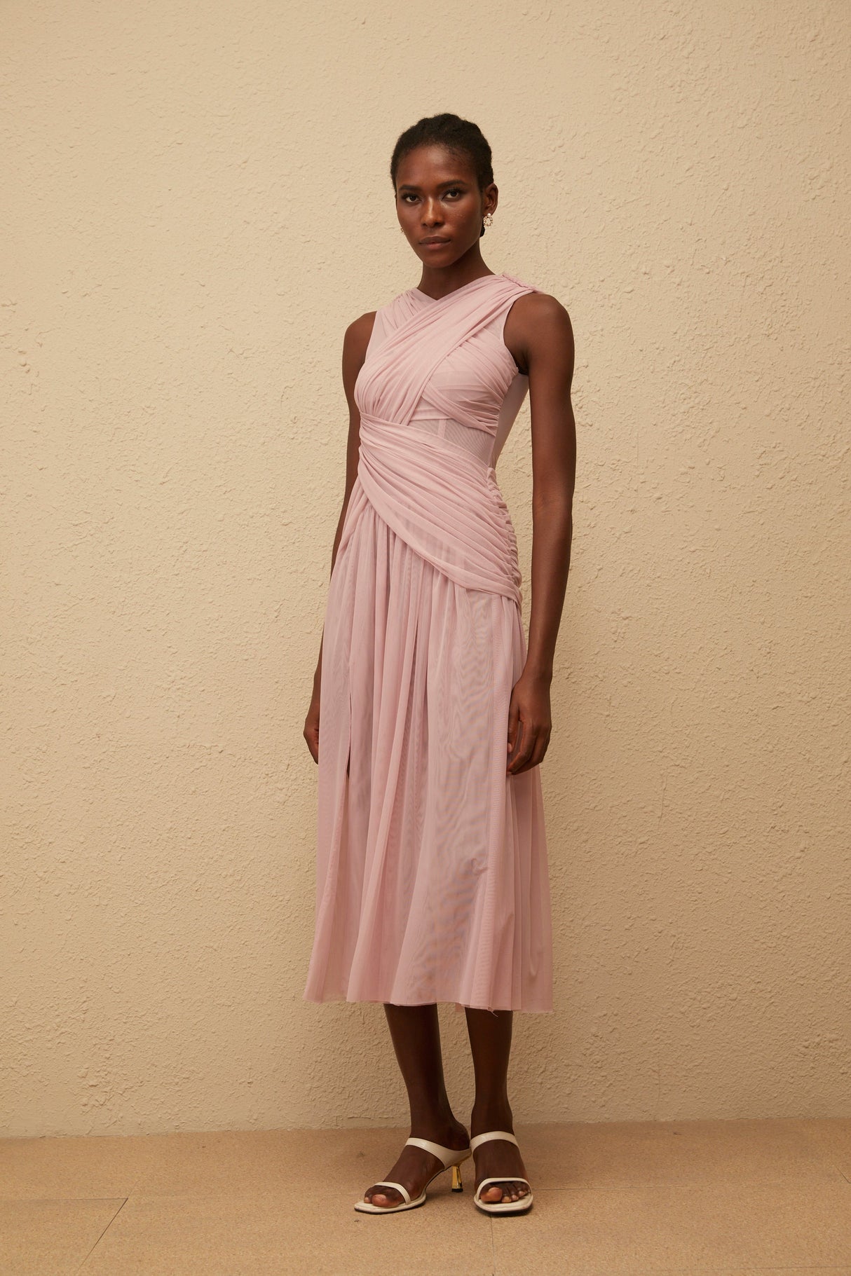 Aurohaya Sérénité Lilac Cross-Over Mesh Midi Dress