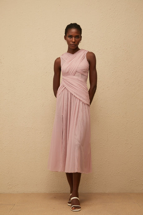 Aurohaya Sérénité Lilac Cross-Over Mesh Midi Dress