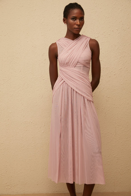 Aurohaya Sérénité Lilac Cross-Over Mesh Midi Dress