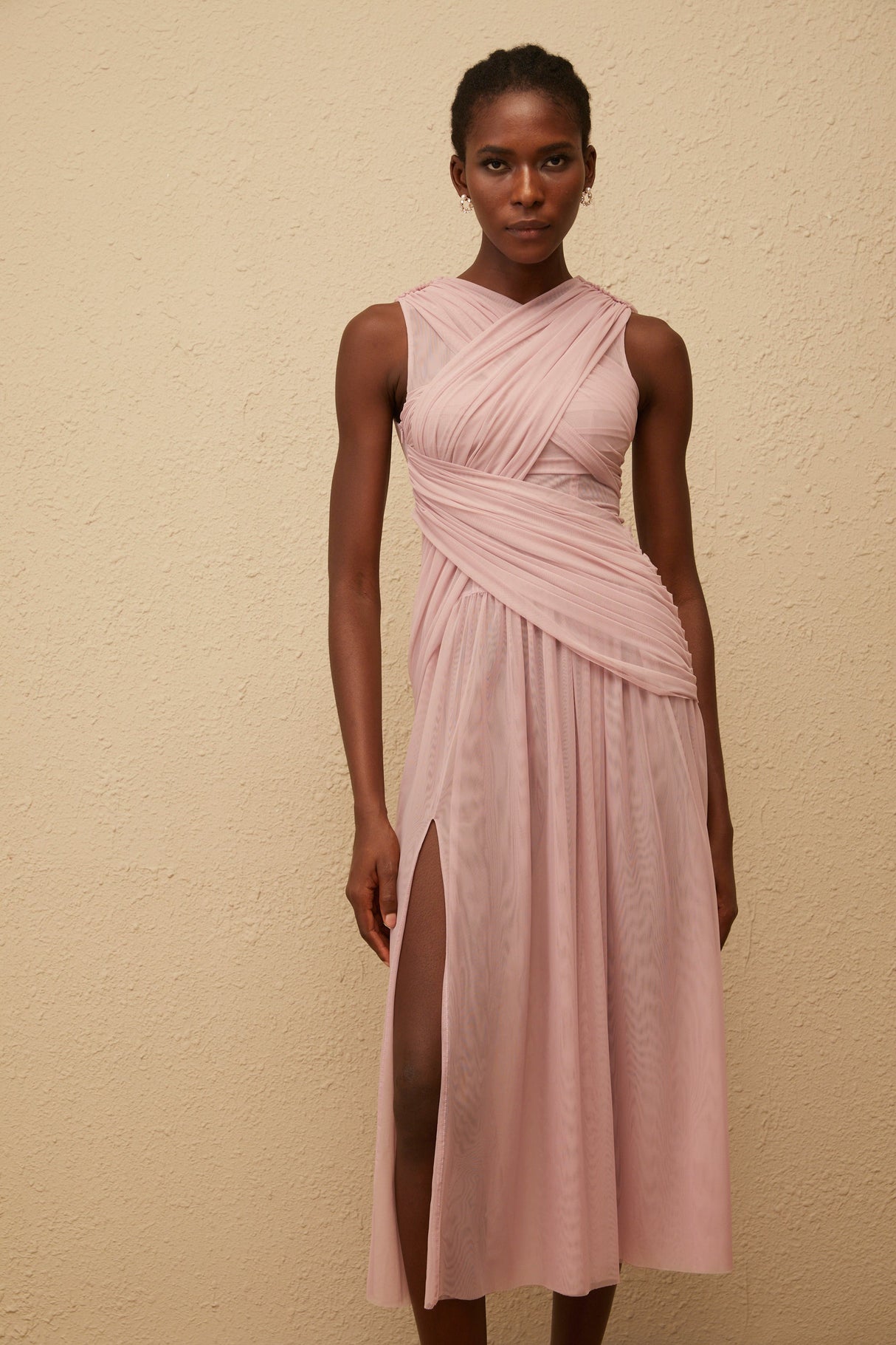Aurohaya Sérénité Lilac Cross-Over Mesh Midi Dress