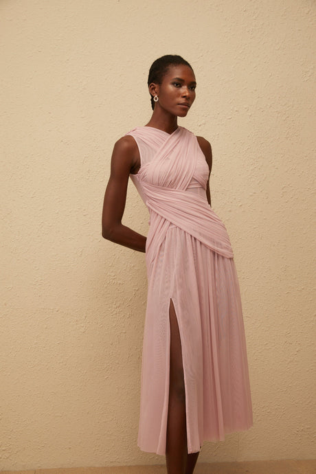 Aurohaya Sérénité Lilac Cross-Over Mesh Midi Dress