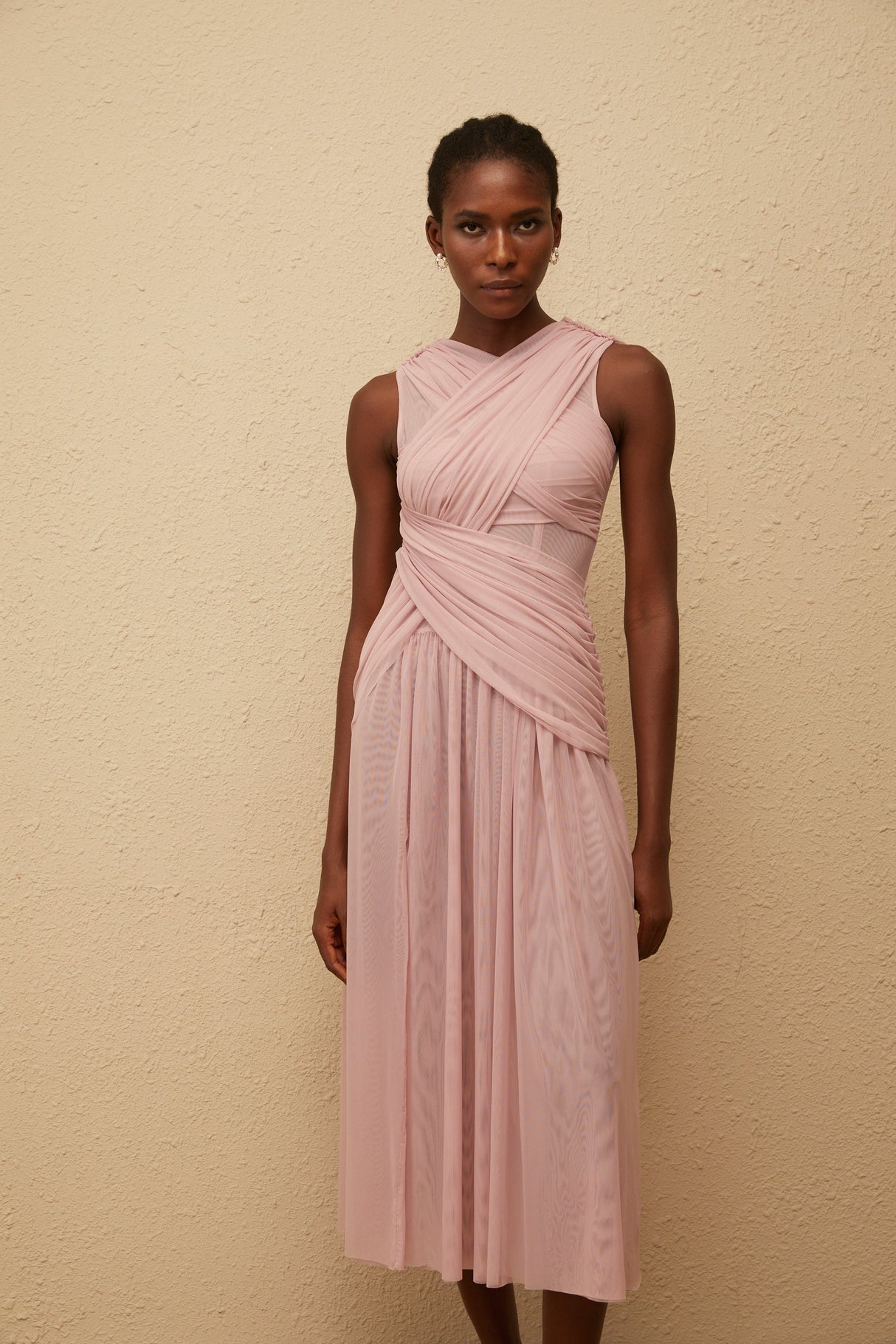 Aurohaya Sérénité Lilac Cross-Over Mesh Midi Dress