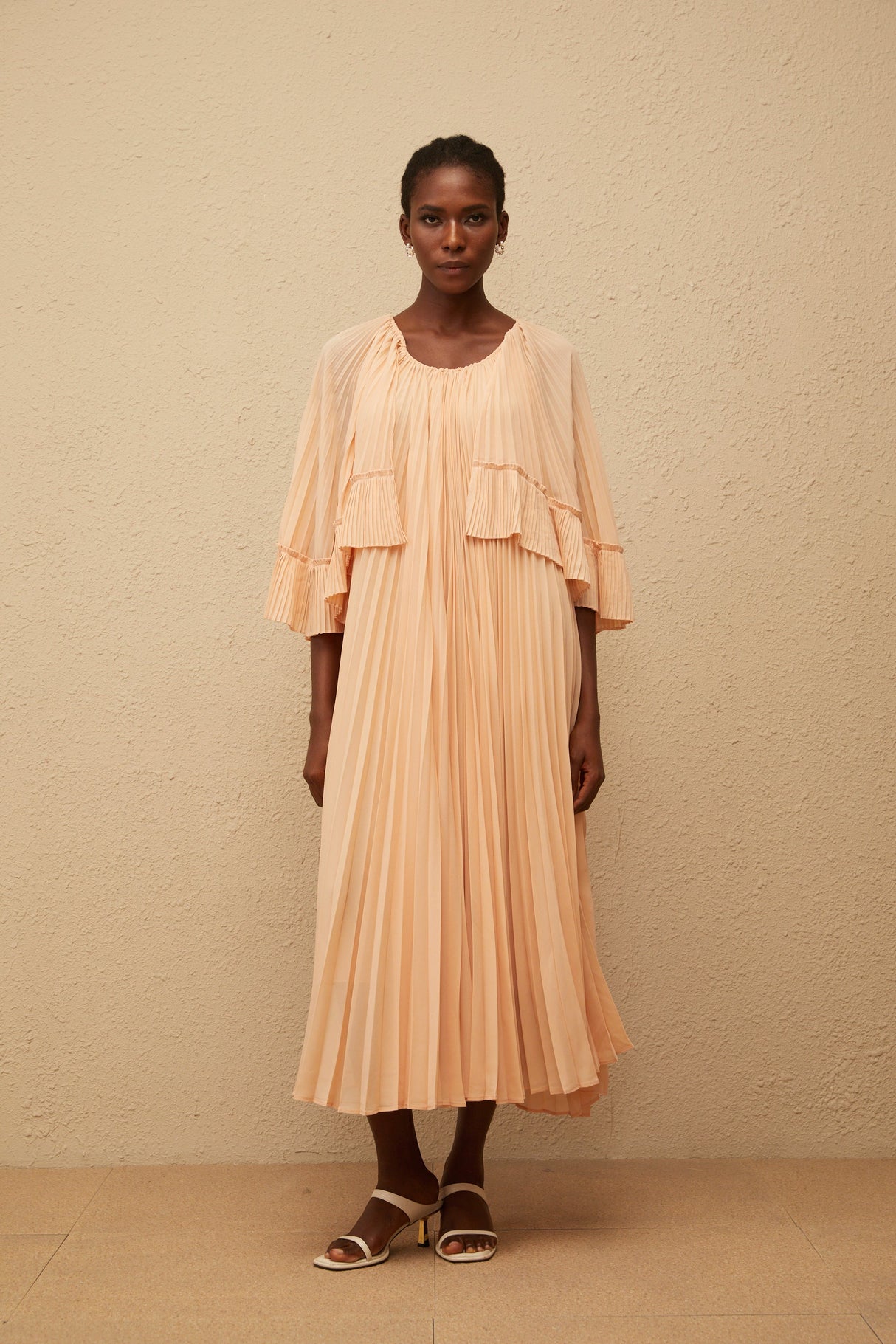 Aurohaya Urbaine Pink Cape Design Pleated Chiffon Midi Dress