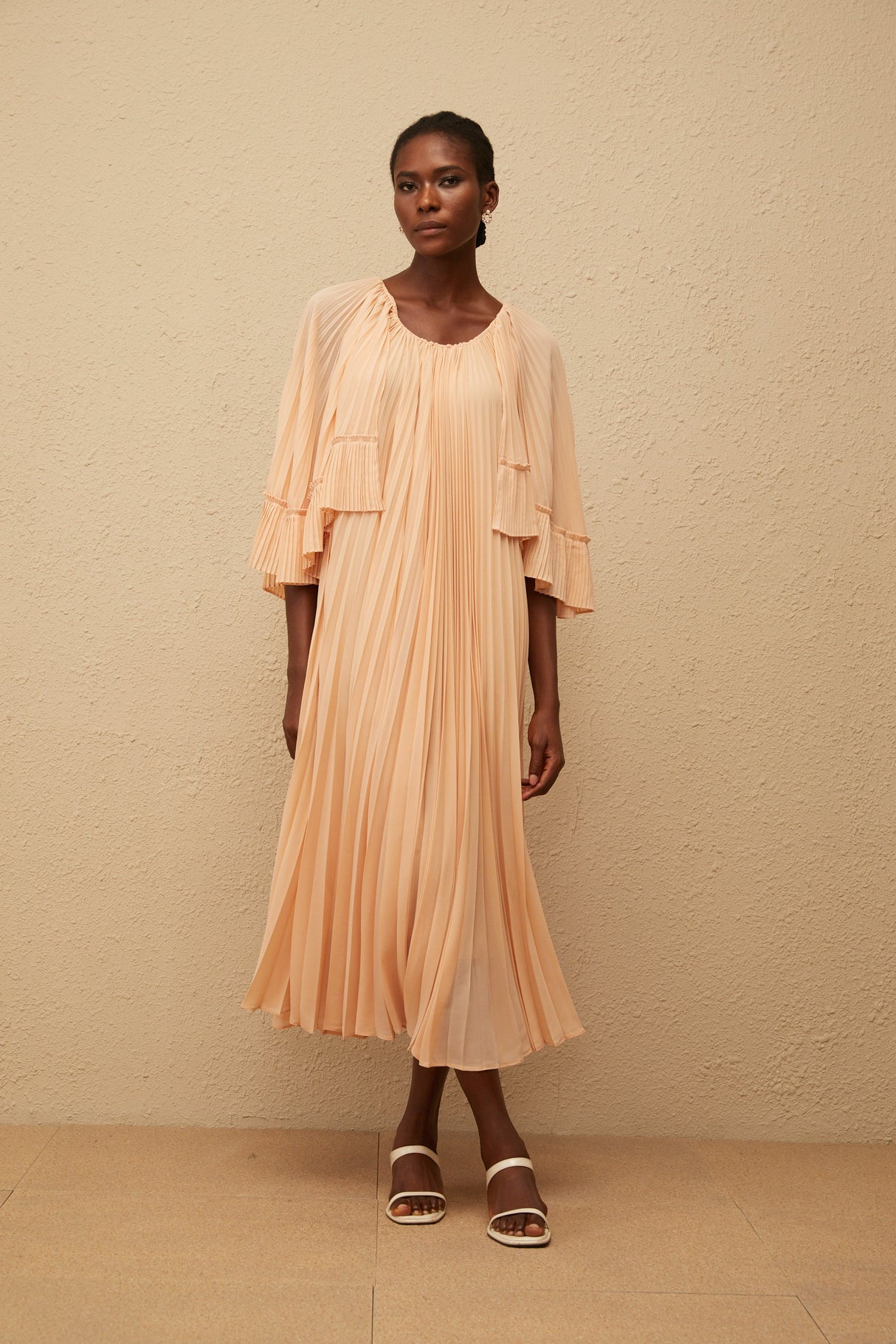 Aurohaya Urbaine Pink Cape Design Pleated Chiffon Midi Dress