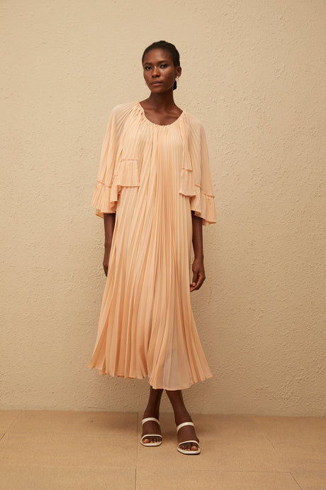 Aurohaya Urbaine Pink Cape Design Pleated Chiffon Midi Dress