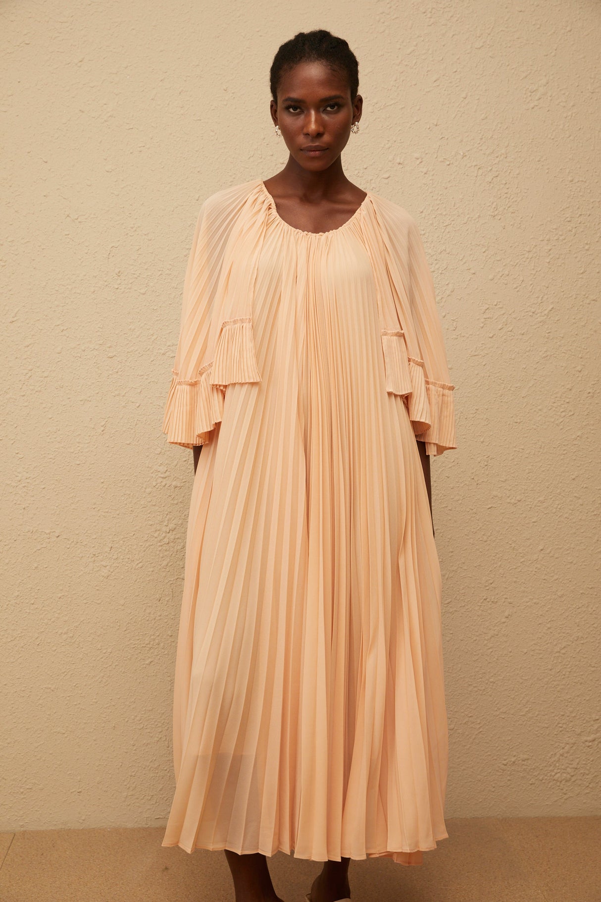 Aurohaya Urbaine Pink Cape Design Pleated Chiffon Midi Dress